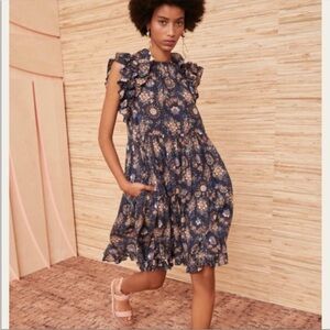 Ulla Johnson Adele floral print flutter sleeve dress twilight navy blue boho 4